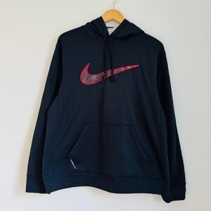 Nike Therma Fit Black Hoodie Red Swoosh Logo Pullover Size M